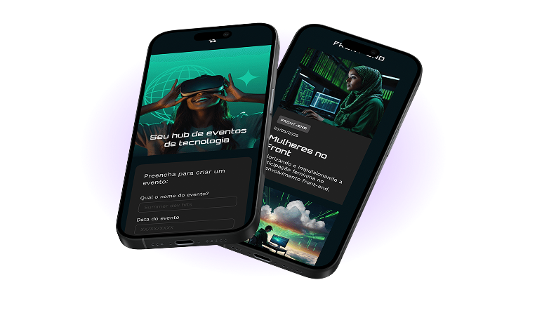 Dois celulares pretos sobrepostos, com uma sombra roxa ao fundo.